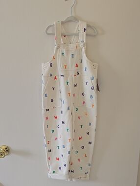 Ms. Rachel Cream Alphabet Print Kids Overalls